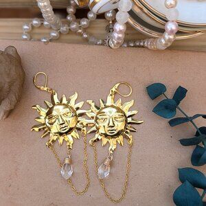 1990's Style Sun Earrings with Crystal Drop Accents